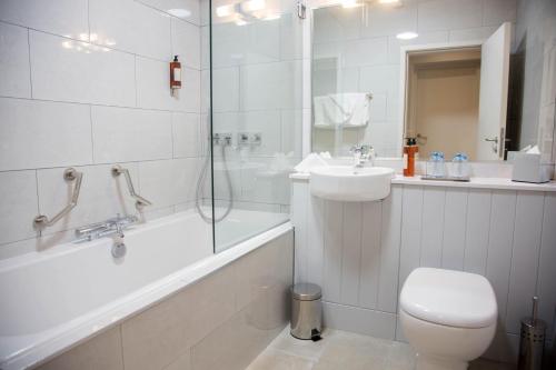 a bathroom with a toilet and a sink and a shower at Waterfront Hotel Dungloe in Dungloe