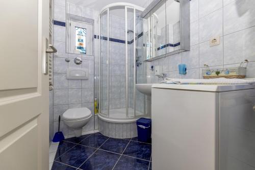 a bathroom with a toilet and a shower and a sink at Fewo Meeresleuchten - Strandkorb auf Balkon, TG in Baabe