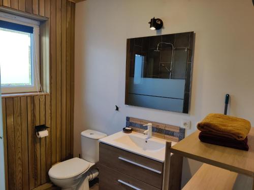 a bathroom with a toilet and a television on the wall at Appartement Terrasse Jacuzzi du Pont Alsort 2-2 in Froid-Chapelle