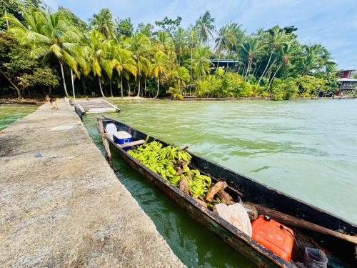 a boat full of bananas on the water at Bocas Sunset Beach House in Bocas Town