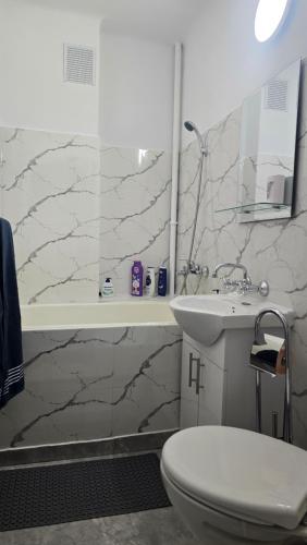 a bathroom with a toilet and a sink at Shakespeare Central Apartment in Craiova