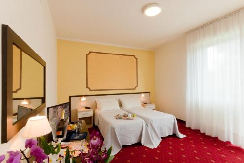 a hotel room with a bed and a large window at Hotel Columbia Terme in Abano Terme