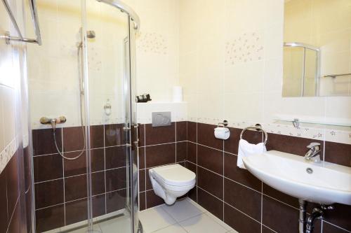 a bathroom with a toilet and a sink and a shower at Agancsos Panzió Villány in Villány