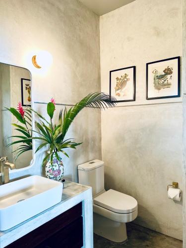 a bathroom with a sink and a toilet and a mirror at The Hill Panama in Cambutal