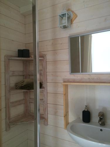 un bagno con un lavandino, uno specchio e una vasca di Les Sittelles de Bamboche a Saint-Symphorien-sur-Coise
