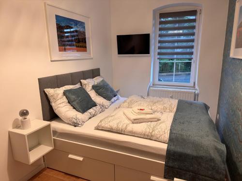 a bed in a room with a window and a bed sidx sidx sidx at Ferienwohnung Lucy - Moderne Ferienwohnung mit kostenlosem Parkplatz, Terrasse, nahe Bad Schandau und Malerweg in Bad Schandau