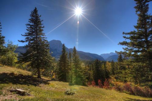 a sun shines in the sky over a field with trees at Overlander Mountain Lodge in Jasper