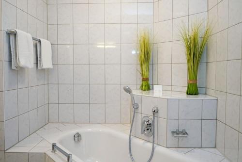 a bathroom with a tub with two plants on a shelf at Hotel Lorösch in Bad Orb