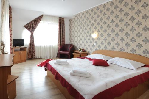 Un pat sau paturi într-o cameră la Pensiunea Moldova