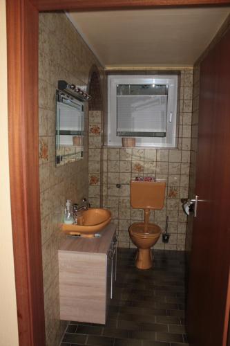 a bathroom with a toilet and a sink at Ferienwohnung Waltraud in Tieringen