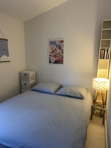 a bedroom with a bed and a book shelf at Petite Maison Cocooning in Leucate-Plage