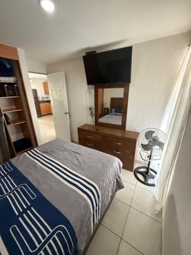 a bedroom with a bed and a large mirror at Family apartment next to Arena GDL and Zoo in Guadalajara