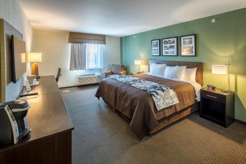 a hotel room with a bed and a television at Sleep Inn & Suites East Syracuse in East Syracuse