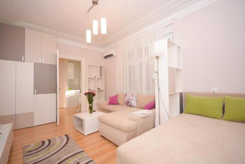 - un salon avec un lit et un canapé dans l'établissement Apartment Mina, à Belgrade