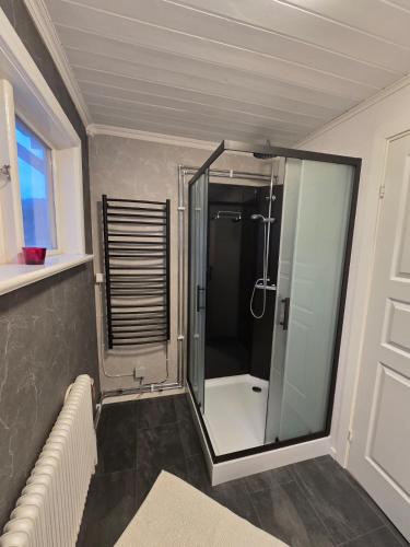 a bathroom with a shower with a glass door at Ferienhaus Björkebo in Stöllet