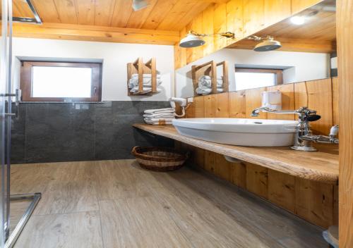 a bathroom with a sink and a wooden wall at Glamping Podgoro with private hot tube - Rogatec in Rogatec