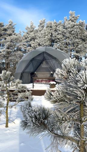 ein Zelt im Schnee, im Vordergrund Bäume in der Unterkunft Sëtnowa Glamping in Sitno