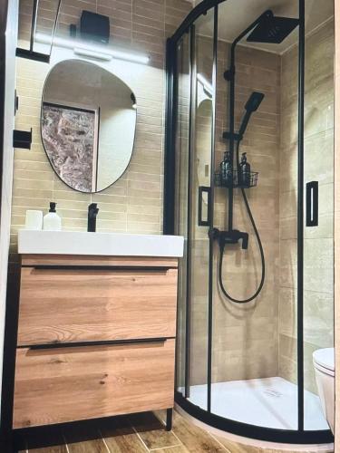 a bathroom with a shower and a sink at Molo selo area in Stari Grad