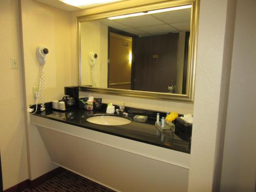 La salle de bains est pourvue d'un lavabo et d'un grand miroir. dans l'établissement Atrium Hotel and Suites DFW Airport, à Irving