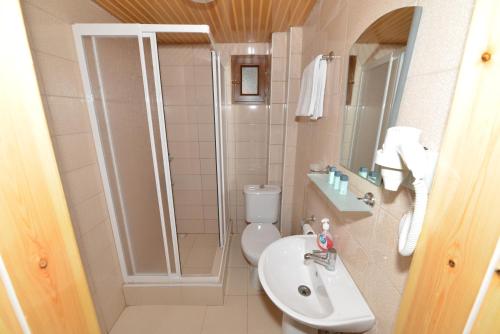 een badkamer met een douche, een toilet en een wastafel bij Hamsiköy Seyirtepe Butik Otel in Hamsikoy