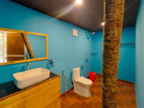 a bathroom with a sink and a toilet and a mirror at The Racha Agonda in Agonda