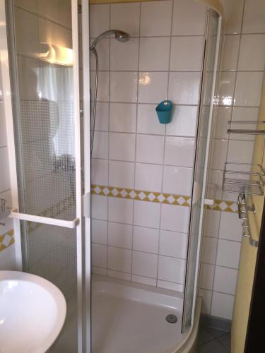 a bathroom with a shower and a sink at Haus H7 in Großwürden