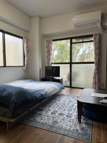 a bedroom with a bed and a tv and windows at Peace Wing 3C in Hiroshima