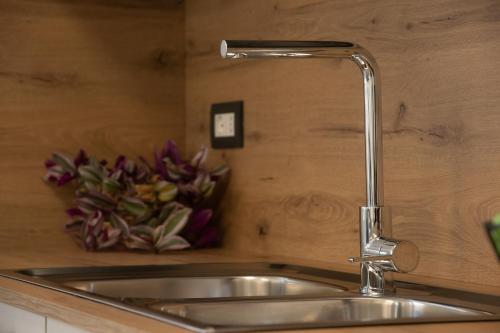 a kitchen sink with a faucet and some flowers at Alessia Living in San Michele allʼAdige