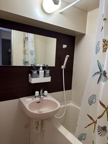 a bathroom with a sink and a mirror and a shower at Peace Wing 6D in Kami-nagarekawachō
