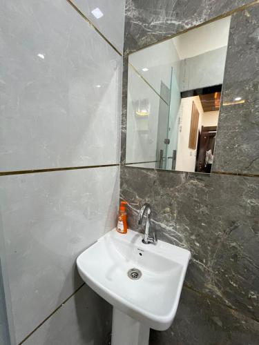 a bathroom with a sink and a mirror at Hotel Raghav in Orchha