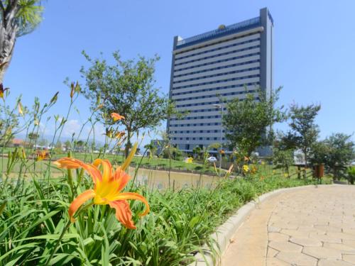 a large orange flower in front of a tall building at Hotel Rainha do Brasil in Aparecida