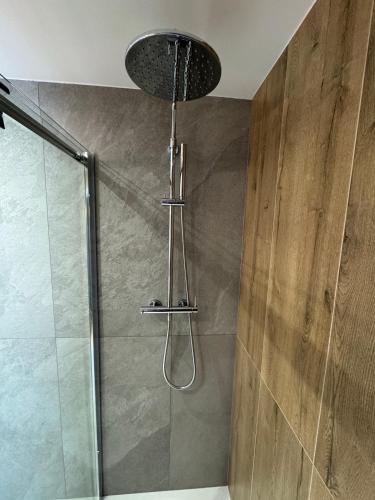 a shower with a shower head in a bathroom at Apartament Świerkowa Osada in Istebna