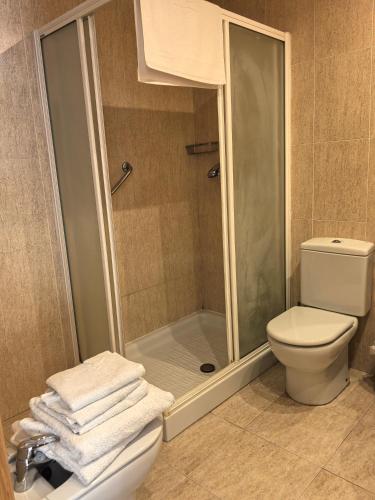 a bathroom with a shower and a toilet and towels at Hostal San Isidro in Autol