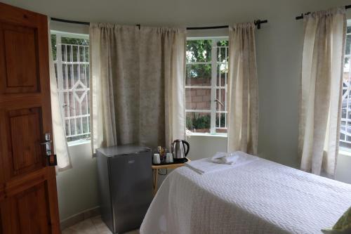 a bedroom with a bed and two windows at Joyful Vista Guest Lodge in Victoria Falls