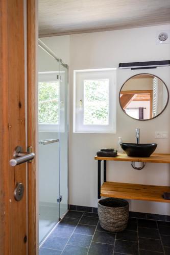 a bathroom with a sink and a mirror at 't Jongehof in Zaffelare