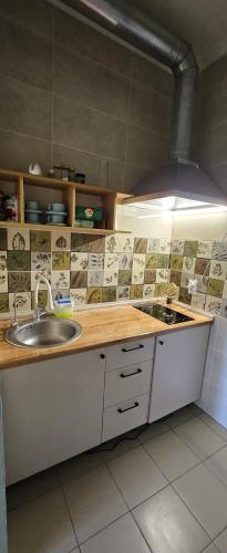a kitchen with a sink and a counter top at Koktem hostel in Aktobe