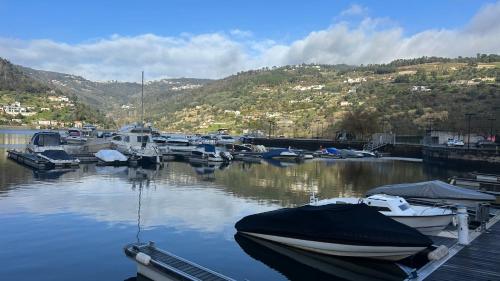 a bunch of boats are docked in a marina at Chalé Caldas de Aregos in Caldas de Aregos
