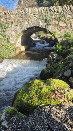 un ponte di pietra sopra un fiume con rocce coperte di muschio di Coolalingo B&B a Drumgoff Bridge