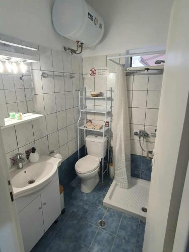 a bathroom with a toilet and a sink and a shower at Galatia Studio in Thérissos