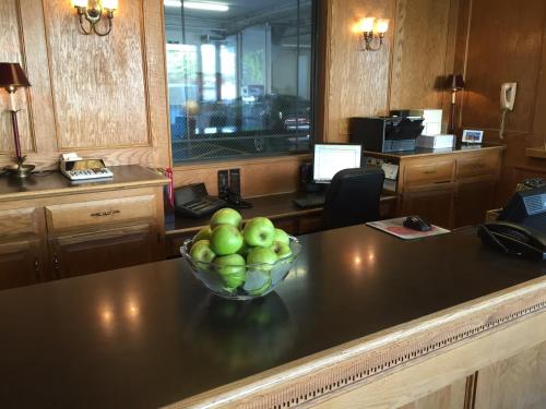 eine Schale Äpfel auf einer Theke in einem Büro in der Unterkunft Coventry Motor Inn in San Francisco
