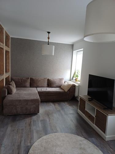 a living room with a couch and a flat screen tv at FeWo Sasa in Blankenburg