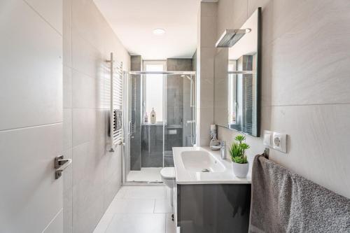a white bathroom with a sink and a shower at Apartamento Turístico Marcelo Celayeta AT Cerca del Centro in Pamplona
