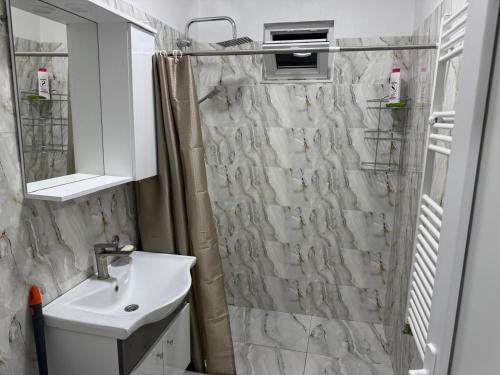 a bathroom with a sink and a shower at NAPO HOTEL სასტუმრო ნაპო in Zugdidi