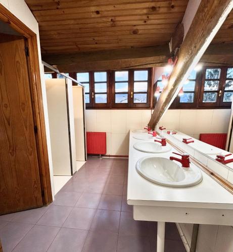 a bathroom with three sinks and a white counter at Albergue Pájaro L in Castejón de Sos