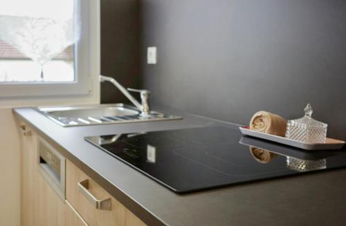 a kitchen with a sink and a counter top at Les Peupliers Appart de Charme in Compiègne