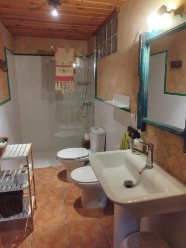 a bathroom with two toilets and a sink and a shower at Casa Rural Lamadretierra in Villamejil