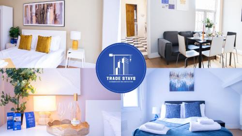 a collage of photos of a room with a house firms logo at CONTRACTOR READY - spacious and bright 5 bed house! in Luton