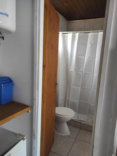 a bathroom with a toilet and a white shower curtain at Cabañas del Rio in Gualeguaychú