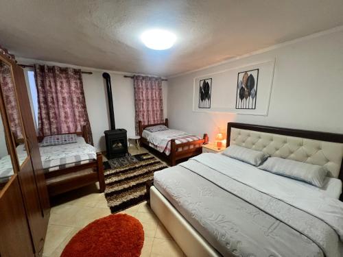 a bedroom with two beds and a fireplace in it at Vila Korcari Dardhe in Dardhë