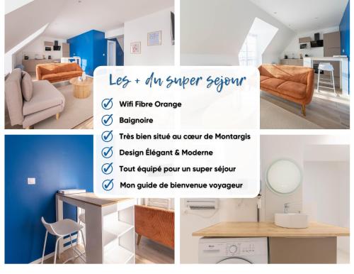 a collage of photos of a room with blue and white at La perle de Montargis - Charmant T2 in Montargis
